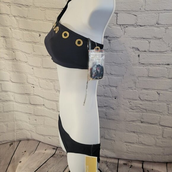 Michael Kors Grommet One-Shoulder Bikini Top & Hipster Bikini Bottoms- Navy - Picture 3 of 7